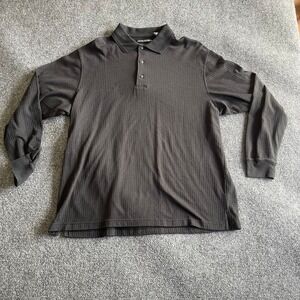 John Henry Mens Large‎ Charcoal Black Ribbed Long Sleeve Polo Shirt Cotton Blend